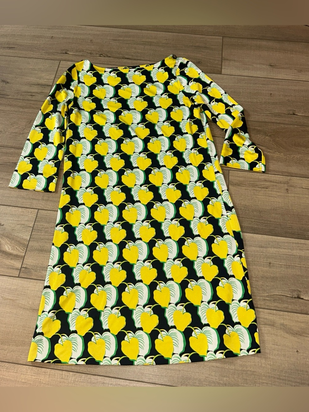 Tory Burch Shift Dress Yellow Leaf Silk Spring Travel Cruise Party Wedding Work